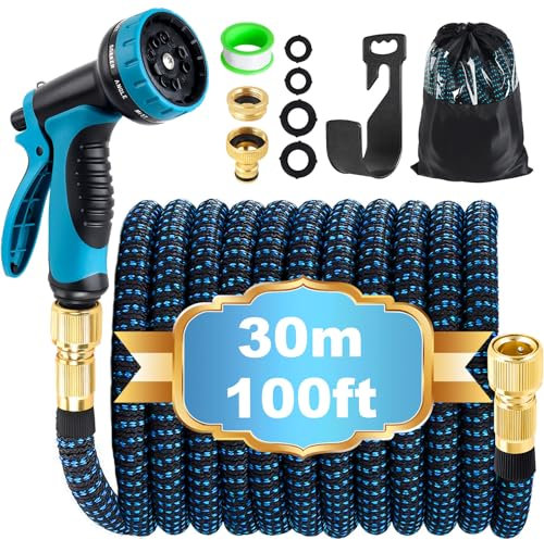 Expandable Garden Hose Pipe 30m 100ft, Hosepipes for Garden Water Hose with 10 Functions Spray Gun, 3/4 1/2 Connector, Expanding Magic Hose Retractable Flexible Garden Hose for Gardening Car Washing