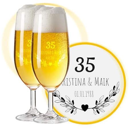 LALALO Biergläser mit Gravur zum 35. Hochzeitstag, Leinwand-Hochzeit & Korallenhochzeit Geschenk, Leonardo Pils Biertulpe personalisiert, Jahrestag Leinwand-Hochzeit (Ringliebe)