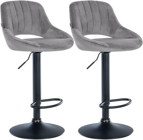 CLP Barhocker 2er Set höhenverstellbar mit Lehne Milet, Barstühle gepolstert Samtbezug, Tresenstühle mit Metallgestell drehbar | Farbe dunkelgrau Material Gestell Metall matt schwarz