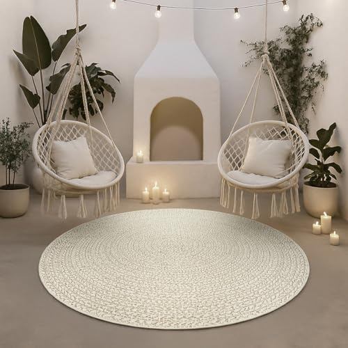 the carpet Kansas Outdoor Teppich – Wetterfester Indoor & Outdoor Teppich im Jute-Look für Balkon, Terrasse, Garten, Wohnzimmer & Esszimmer, pflegeleicht und UV-beständig, Creme, ca. 80 cm Rund