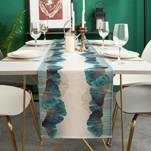 Kiatuniya Tischläufer Modern Blau Grün Petrol Gold Ginkgo Biloba Herbst Wohnzimmer Deko Türkis Vintage Tischdeko Esstisch Landhausstil Winter Table Runner für Urlaub Party Küche 33x183cm