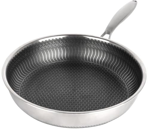 Polegas Frying Pan Induction 28 cm, Stainless Steel Pan with Honeycomb Structure, Non-Stick Wok for Cooking, Frying and Stewing, Suitable for All Cookers