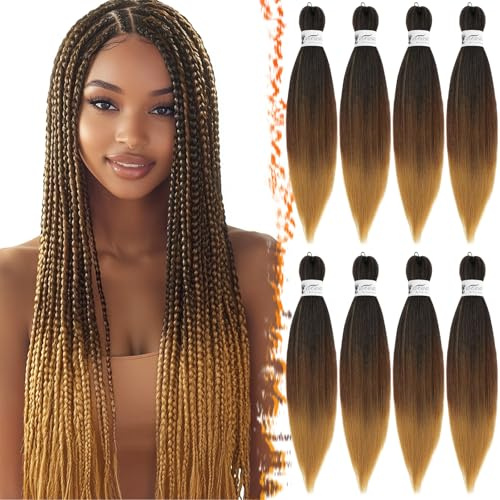 BARSDAR Pre Stretched Braiding Haare, 66cm 8 Packs Lange Ombre Braiding Haarverlängerungen Pre Stretched Synthetik Crochet Braids Hair Zöpfe Extensions Yaki Hot Water Setting - T1B/30/27#
