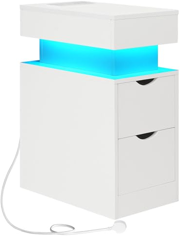 HOOBRO 24cm Narrow Bedside Table with Charging Station, Slim LED Bedside Cabinet with 2 Drawers, Narrow Side Table with Power, for Small Spaces, Bedroom, Living Room, White EWT201KDBZ01