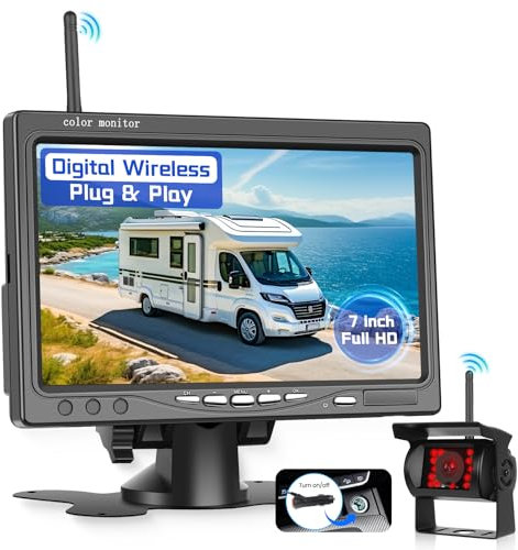 Wireless Reversing Camera, Hodozzy Backup Camera with 7 Inch 1080P IPS Monitor+One Camera, Support Up to 4 Cameras DIY Parking Line BSD Image Flip IR Night Vision Waterproof Rear View Camera