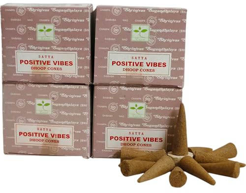 Satya Nag Champa Incense Cones for Meditation and Yoga, 48 Pieces, 4 Packs (Incense Dhoop Cones, Positive Vibes)