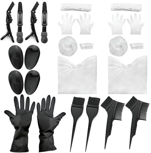 Losaria 26 Pieces Hair Dye Tools, DIY Salon Hair Coloring Kit Bleaching Tools Set including Dye Brush, Ear Cover, Hair Cover, Shawl, Gloves, Hair Clip Kits (26 Pcs, Black)