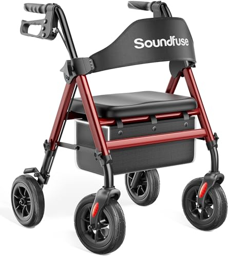 SOUNDFUSE Rollator Walkers for Seniors with Seat, Foldable Lightweight Rolling Walker with 8 Big PU Wheels, Ergonomic Seat, Dual Height Adjustment