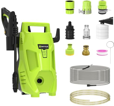 Idropulitrice Alta Pressione, 1500W, Pressione Max. 120 Bar, Portata 500 l/h, Ugello regolabile 4 in 1, con Bottiglia di Sapone, Tubo da 7 M, Ideale per la Casa, Il Giardino e l'Auto