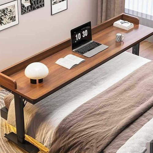Höhenverstellbarer Überbetttisch mit Rädern für mobiles Arbeiten über dem Betttisch für Laptop, Metallbeine, tragbares Schreibtischtablett, passend für Queen-Size-Betten, Braun, 180 cm
