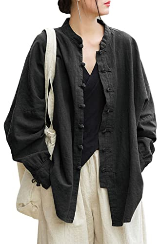 Aeneontrue Camicette Oversize da Donna in Lino Vintage a Maniche Lunghe Giacche Larghe Camicie Rana Cinese, Nero, M