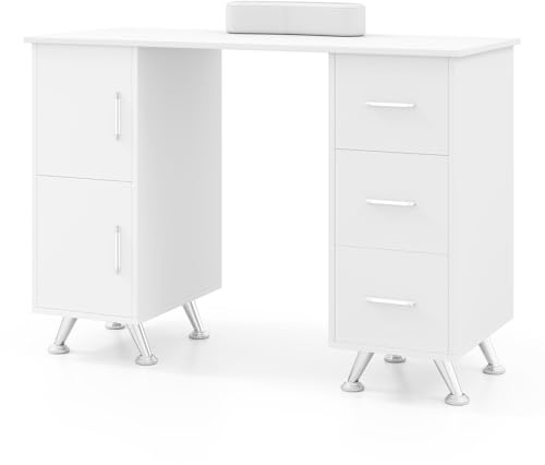 WELLHUT Manicure Table, Nail Tech Desk, Wooden Salon Station, Acetone Resistant Nail Table Computer Desk with 3 Drawers, 2 Large Cabinets, Removable Arm Rest for Home Office Spa Beauty Salon