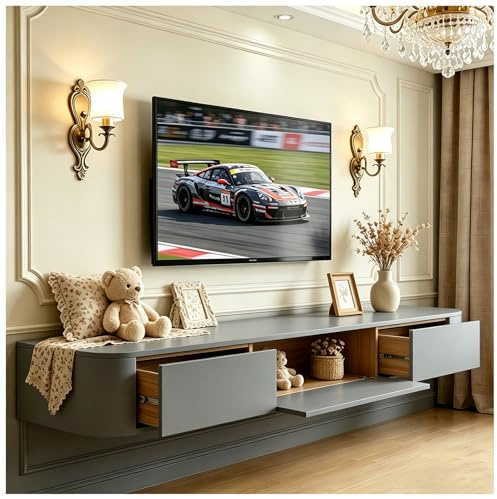 JUNFUNNLE TV Lowboard Hängend 180cm Grau, Schwebender TV Schrank für Wohnzimmer, Modernes TV Board Hänge mit 2 Schubladen 1 Klappen Türen, Wandmontage TV Möbel (Bereits montiert)
