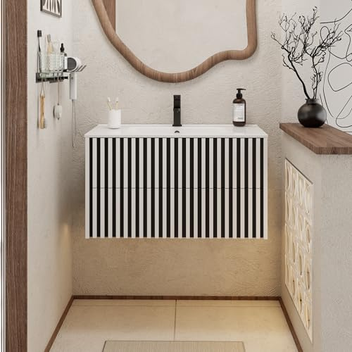 UEV Waschtisch mit Unterschrank, Waschbeckenunterschrank 90cm hängend, Weiß | Schubladen mit Soft-close-System, Waschplatz, Keramik Waschbecken, Badezimmmer Möbel für Gäste WC, Badmöbel Set,