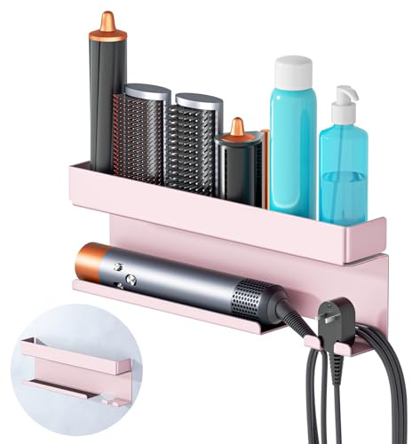 YYBO Hair Dryer Holder Wall Mount for Curling Irons Styler Attachments, Adhesive Hair Dryer And Straightener Holder, Hairdryer Holder Wall Mounted, Hair Tool Organiser Stand for Bathroom (Rose Gold)