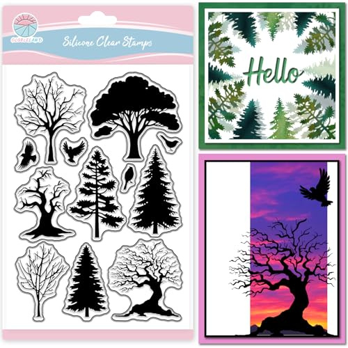 GLOBLELAND Frühling Baum Silhouette Klarstempel Zur Kartengestaltung Vogelsilhouette Silikon Klarstempel Transparentes Stempelsiegel Für DIY Scrapbooking