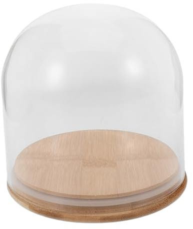 HEALLILY Cúpula de cristal transparente con base de bambú, cubierta de tarro de campana de alta transparencia para flores eternas, decoraciones de bricolaje, coleccionables, a prueba de polvo