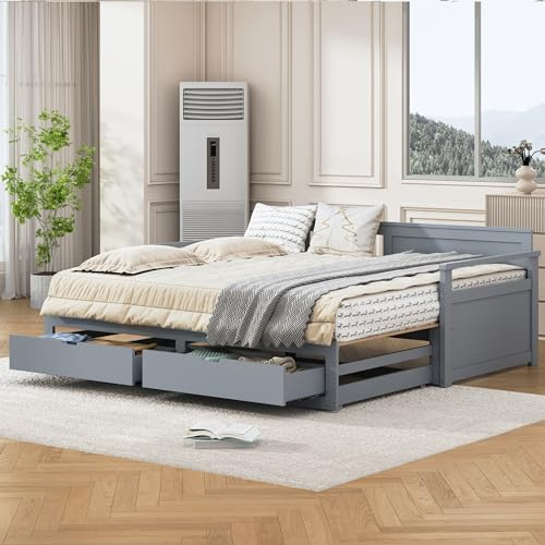 TOBIDOEN Ausziehbares Bett 90(180) x190 cm auf Gleicher Höhe, Daybett mit 2 Schubladen und Lattenrost, Platzsparend Ideal für Schlaf- und Wohnzimmer, Kiefer Wandbett Schrankbett, Grau