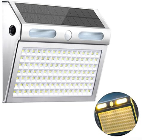 ZiStarlilife Applique murale solaire avec détecteur de mouvement, 112 LED, lampe de sécurité à énergie solaire, panneau monocristallin 1,5 W 5 V, étanche IP65 pour jardin (lumière chaude)