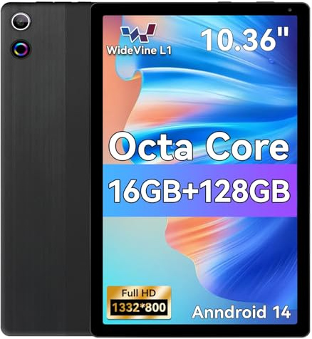 Ainmel Android Tablets, 10.36 Inch Tablet, Octa Core, 16GB RAM+128GB ROM (TF 1TB), 5000mAh, 1280x800 HD, WiFi 6, Bluetooth 5.4, 5MP+8MP Cameras Dual Speakers Game Tablets PC (Black)