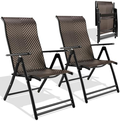 LIFERUN 2PCS Rattan Liegestuhl, Gartenstühle mit 7-Fach Verstellbarer Rückenlehne, Hochlehner Wetterfester Klappstühle, Atmungsaktiv Sonnenliege, Klappbarer Liegestuhl für Balkon, Garten und Terrasse