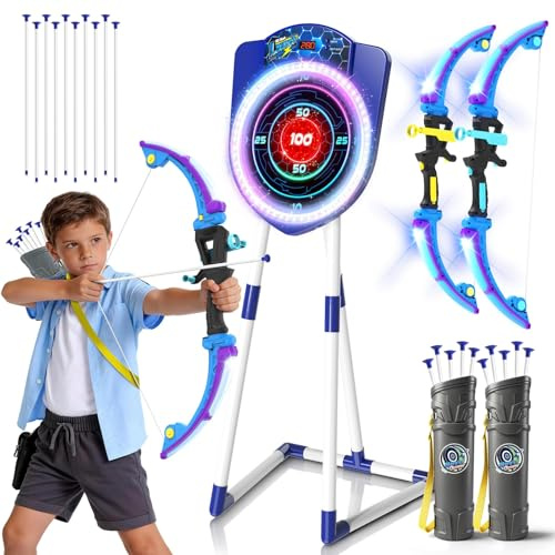 VATOS 2 Pack LED Bow and Arrow for Kids with Auto Scoring, Light Up Archery Set with 10 Suction Cup Arrows, 2 Quivers, LED Archery Target, Indoor Outdoor Backyard Toy Gift for for Boys Girls Ages 5-12