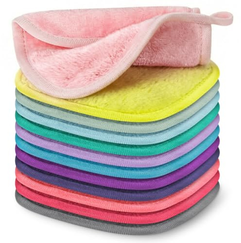HOTUT 12 Pack Microfiber Makeup Remover Cloths,Flannel Makeup Remover Cloths,Makeup Removal Face Cleansing Cloth,Reusable,for Sensitive Skin,Remove Instantly Dirt,Washable