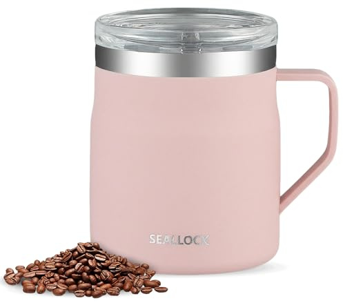 Senshuomy Vacuum Insulated Travel Mug, 450ml, Stainless Steel, Double Walled, Leak-Proof Sliding Lid, Modern Style, Cylindrical (Pink)