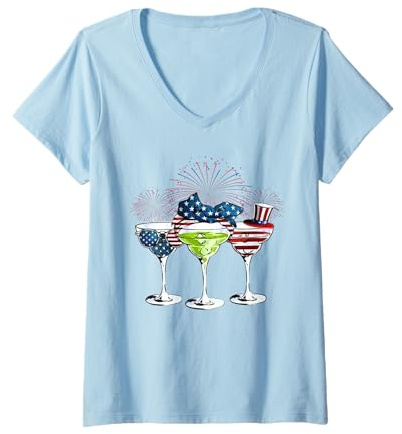 Women's 3 Cocktail Martini Glasses Bandana Fireworks American Flag V-Neck T-Shirt