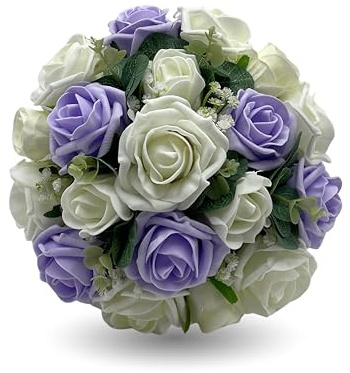 Silk Wedding Flowers Hand-made by Petals Polly, Lilac & Ivory Rose Bridesmaids Bouquet Posy