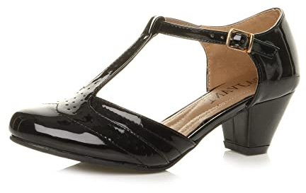 AJVANI Womens Ladies mid Low Block Heel t-bar Brogue Comfort Rubber Sole Court Shoes Sandals Size
