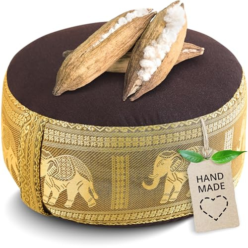 livasia Meditationskissen Thaiseide - Ø 32x20cm - Yogakissen klein mit Kapok, Pouf, Bodenkissen Yoga Zen Meditation, Sitzkissen Garten Balkon, Zafukissen handgefertigt (Braun/Gold/Elefanten Seide)