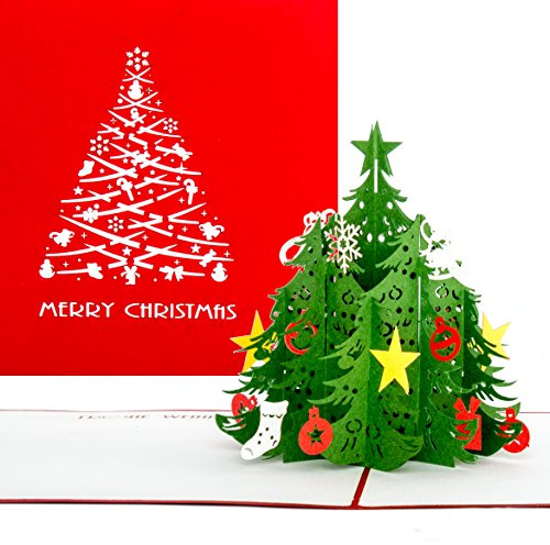 Pop-Up Karte Tannenbaum - klassisch in rot als Weihnachtskarte oder Geschenkkarte zum Advent oder Weihnachten mit englischem Schriftzug