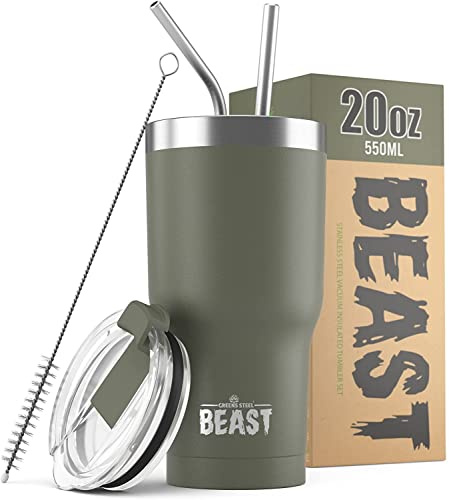 Beast Tumbler - 550 ml (20 oz), Army Green | Reusable Stainless Steel, Vacuum Insulated Cup | with + 2 Straws & Cleaning Brush | Double Wall Travel Flask Perfect for Hot or Iced Coffee | BPA Free