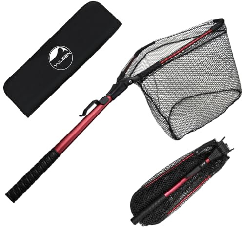 YVLEEN Folding Fishing Net - Foldable Fish Landing Net Robust Aluminum Telescopic Pole Handle and Nylon Mesh 16inch Hoop Size
