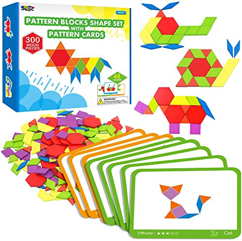 SpriteGru 300 Holzmusterblöcke für Kinder mit 24 Doppelseitigen Designkarten (48 Muster) und Aufbewahrungstasche in Geschenkbox, Lustiges Montessori-Lernspielzeug