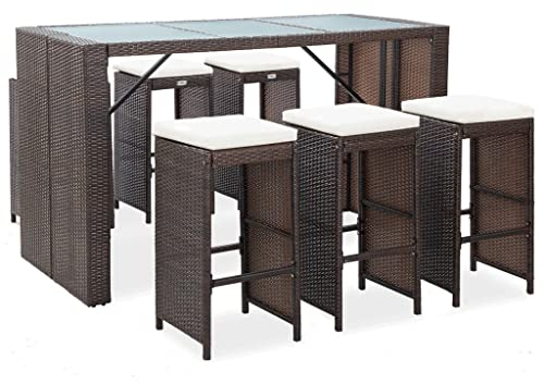 vidaXL Gartenbar Set 7-TLG. mit Auflagen Theke Bar Tresen Gartentheke Bartisch Stehtisch Barhocker Barstuhl Gartenmöbel Poly Rattan Braun