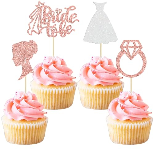 Gyufise 24 Stück Rose Gold Glitzer Bride to Be Cupcake Topper mit Herz Ring Kleid Brautdusche Cupcake Picks Hochzeit Verlobung Junggesellinnenabschied Kuchen Dekorationen Supplies