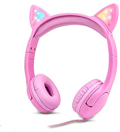 Olyre Girls Headphones with LED Light Up Cat Ears and Sharing Port 85db Hearing Protection Kids Headphones 3.5mm jack on ear - All Pink