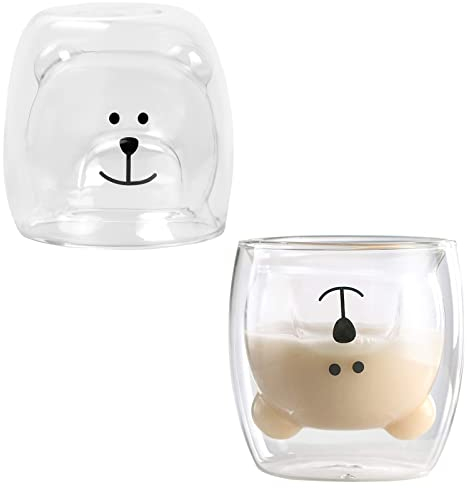 Xzeemo Copa de Vidrio Doble 250ML, Tazas de Café con Aislamiento de Doble Pared, Tazas de Oso Lindo, Taza de Café Expreso, Leche Mug, Transparente
