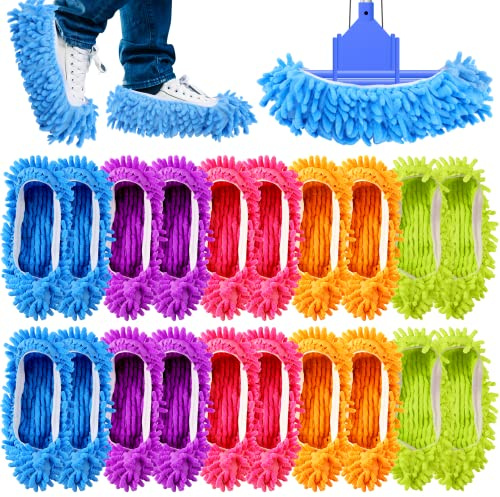 JEFFOUOO Lot de 10 paires de pantoufles à serpillère, 5 couleurs | Serpillière réutilisable en microfibre pour la maison, le sol, la saleté, la poussière, les cheveux