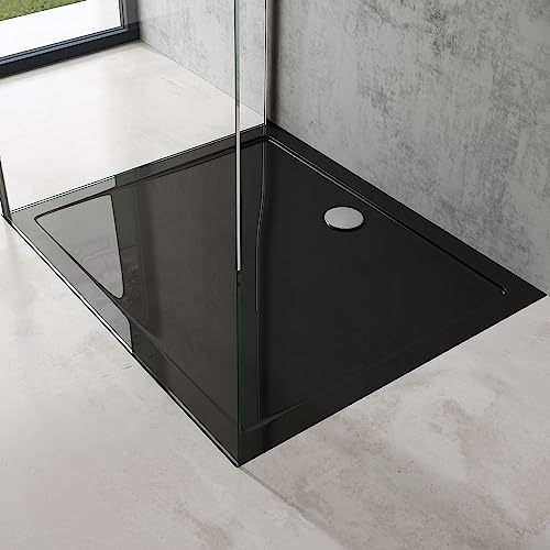 doporro Duschtasse Duschwanne 100x120x4 aus Acryl in Schwarz Ablaufgarnitur | Flache Duschwanne für bodenebene Montage mit DIN-Anschlüssen – stabil & pflegeleicht für moderne Duschen Faro2+AL01