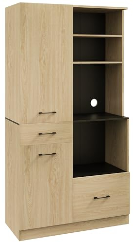 HOMCOM Alacena Moderno de Cocina con 2 Cajones, 2 Armarios y 4 Estantes Abiertos - Mueble Buffet para Comedor y Salón - 90x40x170 cm - Roble y Negro