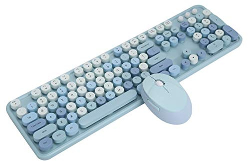 Ejoyous Wireless Keyboard and Mouse, 2.4 GHz 1600 DPI Silent Mouse Green Mechanical Keyboard Retro USB Round Key Wireless Keyboard and Mouse Set, for PC Computer Laptop Desktop (Blue
