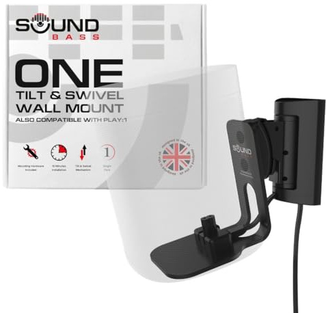 Sound Bass ONE Wall Mount Bracket, Tilt and Swivel, Black, Single (1pc), Compatible with Sonos ONE, ONE Gen 2, ONE SL & Play:1, Effortless Installation, Includes Mounting Kit