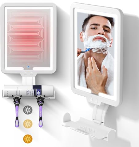 Jadazror Heated Shower Mirror Fogless for Shaving with 3 Color Lights Adjustable Brightness, 9.5 * 7inch Rechargeable Anti-Fog Mirror with Razor Holder, Wall-Mounted Bathroom Accessories