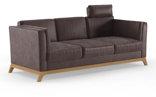 Cavadore 3er-Sofa Vida / 3-Sitzer Couch im trendigen Design mit massivem Holzrahmen in Eiche, Kopfstütze mit Kuschelkissen / 213 x 84 x 93 / Mikrofaser, Braun