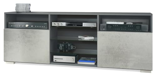 Vladon TV-Board Granada, Lowboard mit 2 Türen und 6 offenen Fächern, Korpus Anthrazit matt, Fronten in Beton Oxid Optik (146 x 54 x 35 cm)