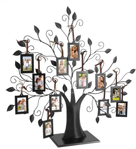 Marco de fotos de árbol genealógico, exhibición de árbol de fotos familiares independiente, marco de fotos de árbol de metal (grande, viene con 12 marcos de fotos de 6,4 x 4,6 cm)