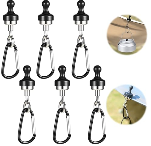 WUISOLQP Ganci magnetici da campeggio, 6 pezzi, colore nero, gancio magnetico, extra forte, supporto magnetico rimovibile, magnetico, per campeggio, garage, cucina, ufficio